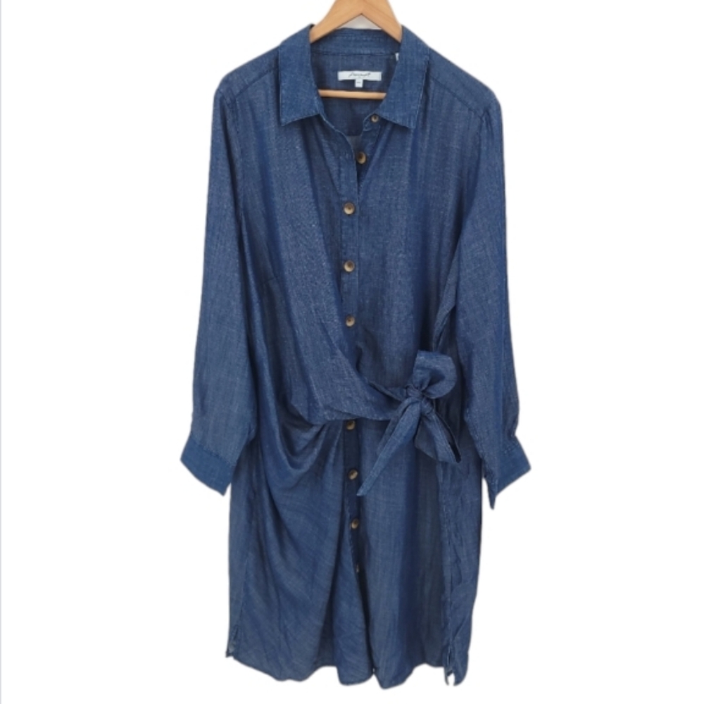 Foxcroft Plus Parisian Tie Waist Sateen Tencel Shirtdress Chambray NWT